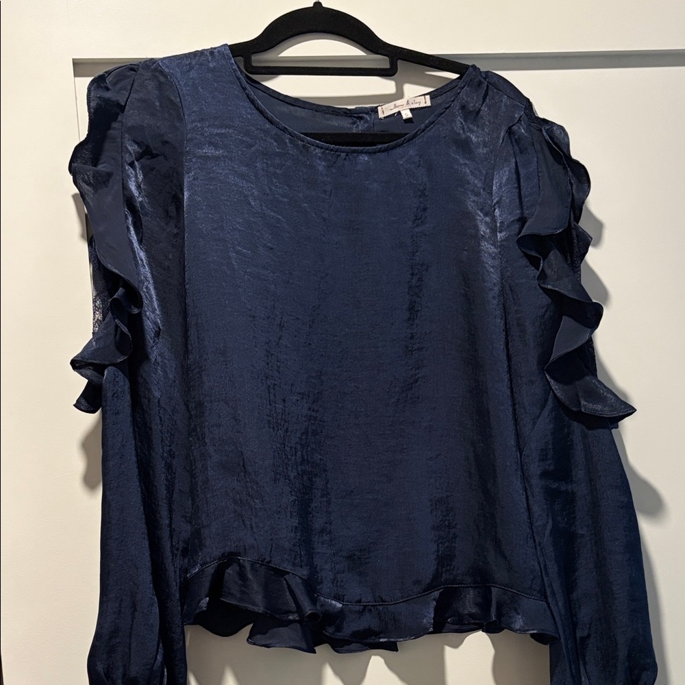 Navy Blue Women's Satin Long Sleeve Blouse